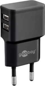 USB-Steckdosenladegerät, Eurostecker auf 2x USB-A Buchse, 2,4 A, schwarz