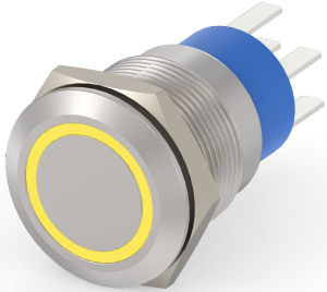 Switch, 2 pole, silver, illuminated  (yellow), 5 A/250 VAC, mounting Ø 19.2 mm, IP67, 5-2213764-1