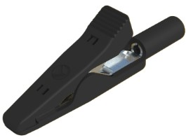 Miniature alligator clip, black, max. 4 mm, L 41.5 mm, CAT O, socket 2 mm, MA 1 SW