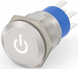 Switch, 2 pole, silver, illuminated  (white), 5 A/250 VAC, mounting Ø 19.2 mm, IP67, 6-2213766-3