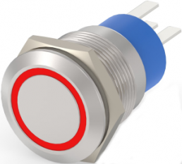 Pushbutton switch, 1 pole, silver, illuminated  (red), 5 A/250 V, mounting Ø 19.2 mm, IP67, 2-2213767-5