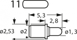 Short stroke test pin with probe, round head, Ø 2.53 mm, travel  1.2 mm, pitch 2.7 mm, L 5.3 mm, F70611B130G200