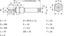 Miniature cylinder, single-acting, 1.5 to 10 bar, Kd. 16 mm, Hub 25 mm, 26.15.025