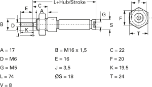 Miniature cylinder, single-acting, 1.5 to 10 bar, Kd. 16 mm, Hub 25 mm, 26.15.025