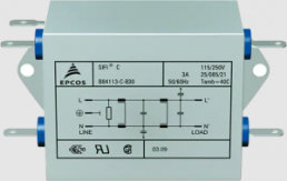 EMC filter, 50 to 60 Hz, 3 A, 250 V (DC), 250 VAC, 270 µH, faston plug 6.3 mm, B84115E0000B030