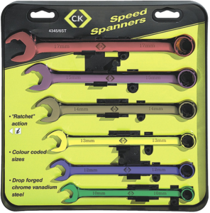 Open-end ratchet wrench kit, 6 pieces, 10-17 mm, 345 mm, 765 g, chromium-vanadium steel, T4345/6ST