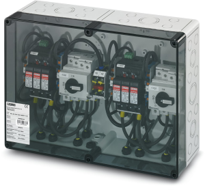 Switchgear combination, 1000 VDC for connection of 2x 2 strings, (H x W x D) 254 x 361 x 111 mm, IP65, polycarbonate, gray, 2404569