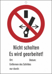 Safety sign, text: "Es wird gearbeitet", (W) 65 mm, plastic, 080.16-6-92X65-H
