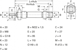 Miniature cylinder, single-acting, 1.5 to 10 bar, Kd. 20 mm, Hub 50 mm, 27.19.050