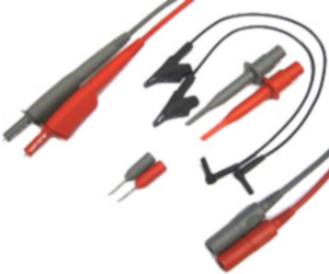 Measuring lead with (test probe, straight) to (4 mm plug, angled), 1.2 m, red/gray, silicone, CAT III