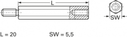 Hexagonal spacer bolt, External/Internal Thread, M3/M3, 20 mm, brass