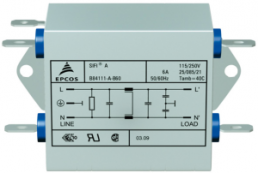 EMC filter, 50 to 60 Hz, 3 A, 250 V (DC), 250 VAC, 1.5 mH, faston plug 6.3 mm, B84111F0000B030