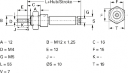 Miniature cylinder, single-acting, 2 to 10 bar, Kd. 8 mm, Hub 50 mm, 23.15.050