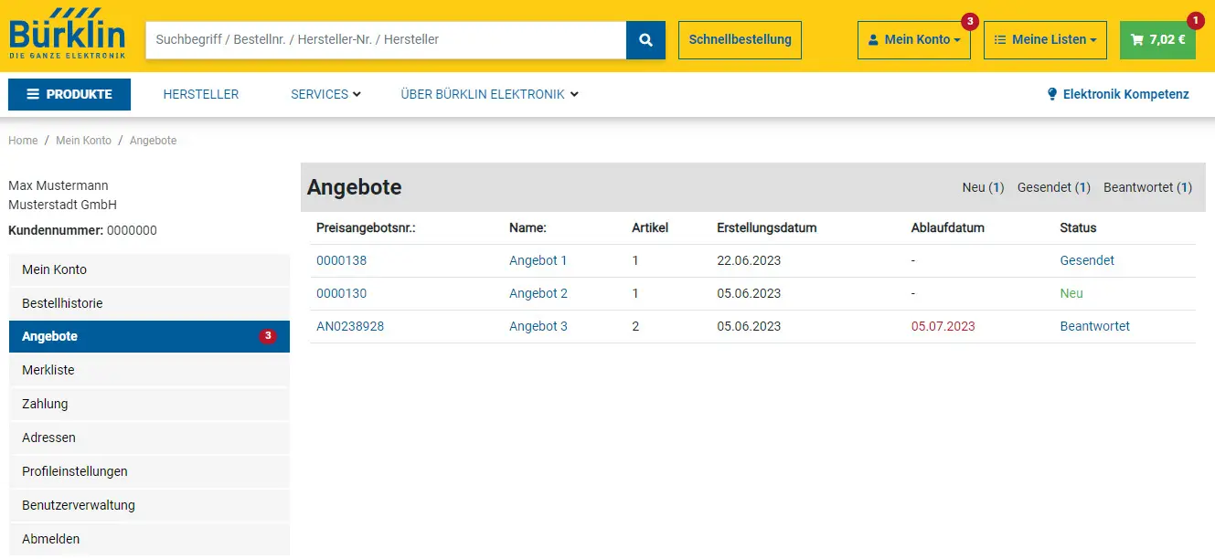 Übersicht über Ihre angelegten Anfragen inkl. Anfragestatus