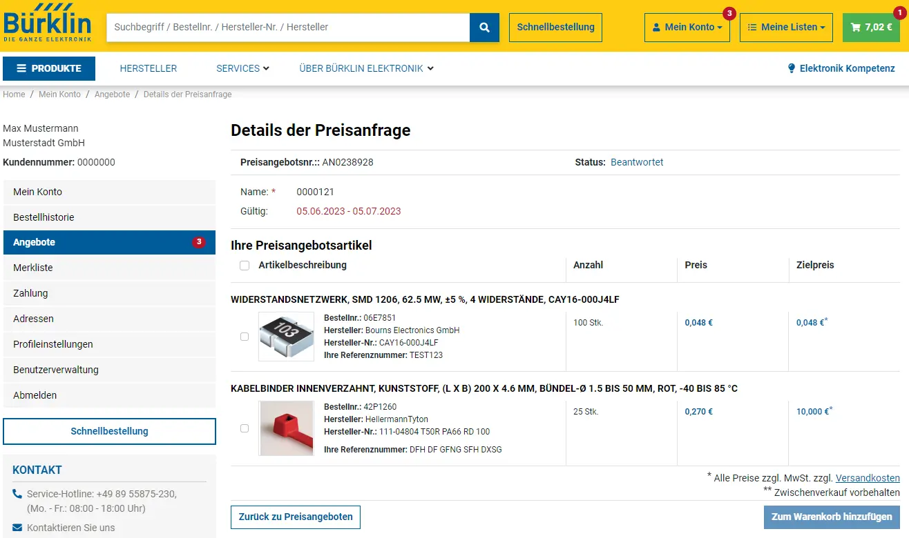 Anfrageprodukte können in den Warenkorb hinzugefügt werden