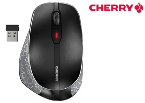Eine kabellose Computermaus der Marke CHERRY in Schwarz mit silberfarbenen Seitenteilen in Wabenstruktur. Die Maus verfügt über ein Scrollrad, eine rote LED-Anzeige und einen mittig platzierten CHERRY-Schriftzug. Links im Bild ist der zugehörige USB-Dongle zu sehen, oben rechts das CHERRY-Logo mit stilisierten Kirschen.