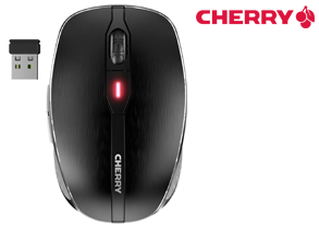 Eine kabellose Computermaus der Marke CHERRY in schlankem, schwarz glänzendem Design mit einem roten LED-Licht in der Mitte und einem vertikalen CHERRY-Schriftzug. Die Maus hat ein zentrales Scrollrad und ist symmetrisch geformt. Links daneben befindet sich ein passender USB-Empfänger. Oben rechts im Bild ist das rote CHERRY-Logo mit stilisierten Kirschen zu sehen.