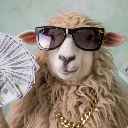 Sheep wearing sunglasses, a thick gold chain around its neck, and holding a fan of hundred-dollar bills in its left hand. It has a smug expression.