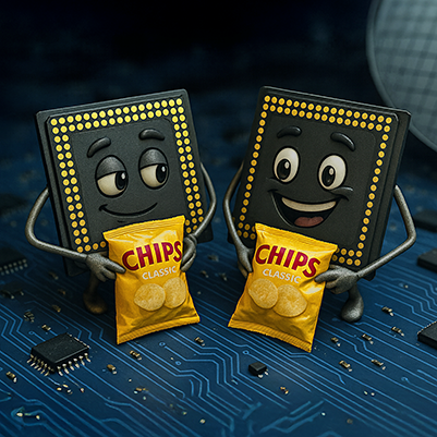 Zwei lächelnde, anthropomorphe Mikrochip-Figuren stehen auf einer Leiterplatte und halten gelbe Chipstüten mit der Aufschrift „Chips Classic“ in den Händen.