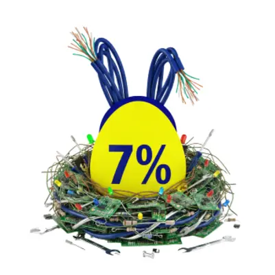 A creative Easter advertising image shows a stylised Easter bunny with blue cable ears, made up of a yellow 7% sign. The bunny is perched in a nest of green branches, colourful LEDs, circuit boards, cables and tools such as spanners, indicating a 7% discount promotion for electronics or technology.