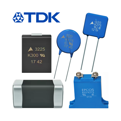 Image showing four different SIOV metal oxide varistors by TDK on a white background. Top left is the TDK logo. Next to it, a blue square varistor labeled 'Q20 K275 RU 12 19'. Below, a black rectangular varistor labeled '3225 K300 17 42'. Center right, a blue round varistor labeled '820 K175 17 45'. Bottom, a gray rectangular varistor labeled 'EPCOS B722 K275 RU 07 49'. These varistors protect electronic circuits from voltage surges.