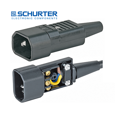 Product image of SCHURTER's rewireable IEC device sockets. The SCHURTER logo is at the top left. The device sockets are in the centre.