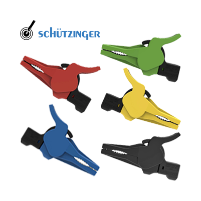 Product image of the safety crocodile clip with innovative spring technology from Schützinger. The image shows the Schützinger logo and the crocodile clips in the centre.