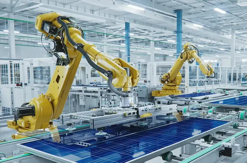 An assembly line in a factory where robot arms manufacture solar panels. A symbol of smart factories and industrial automation.