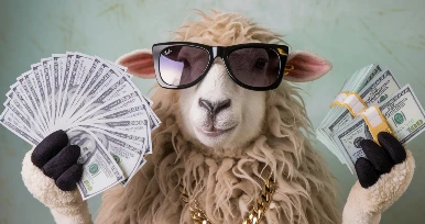 Sheep with sunglasses and banknotes