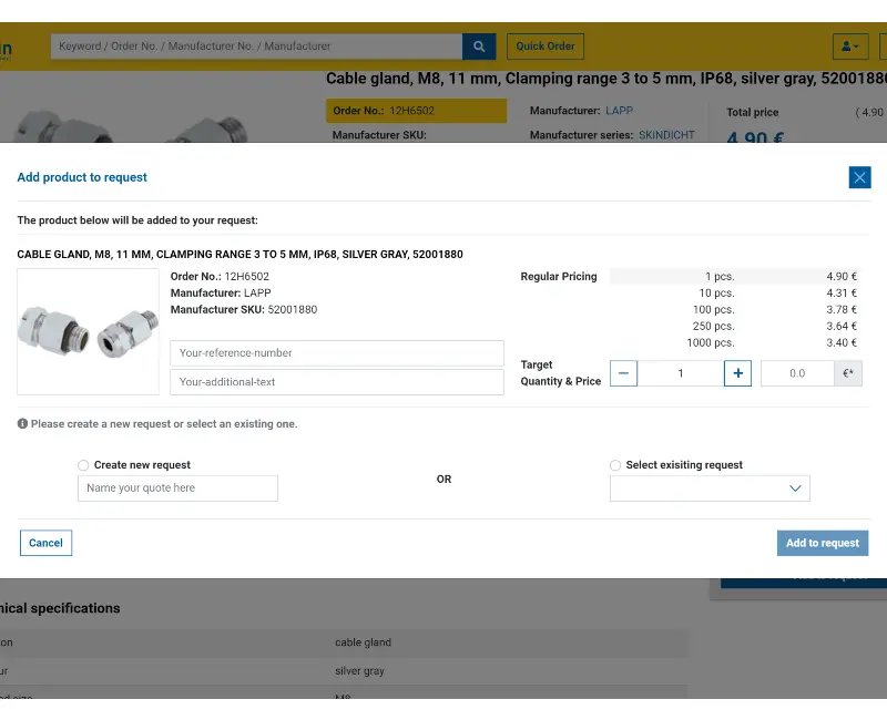 Once you have created a new quote request or selected an existing one, the 