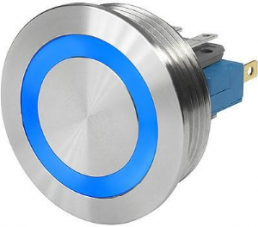 Drucktaster, 1-polig, silber, beleuchtet (blau), 10 A/250 V, Einbau-Ø 30 mm, IP67, 3-108-979