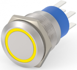 Schalter, 2-polig, silber, beleuchtet (gelb), 5 A/250 VAC, Einbau-Ø 19.2 mm, IP67, 6-2213767-9