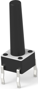 Kurzhubtaster, 1 Schließer, 50 mA/24 VDC, unbeleuchtet, Betätiger (schwarz, L 13.4 mm), 1,56 N, THT