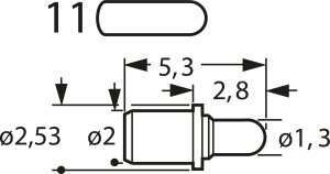 Kurzhub-Prüfstift mit Tastkopf, Rundkopf, Ø 2.53 mm, Hub 1.2 mm, RM 2.7 mm, L 5.3 mm, F70611B130G150
