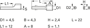 Unisolierter Stiftkabelschuh, 10 mm², AWG 8, 4.3 mm, 4.3 mm
