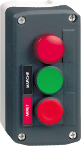 Aufbaugehäuse, 2 Drucktaster grün/rot, 1 Leuchtmelder rot, 1 Schließer + 1 Öffner, XALD361B