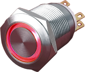 Drucktaster, 1-polig, silber, beleuchtet (rot), 5 A/250 V, Einbau-Ø 19 mm, IP65, PAV19BMFW2C6N