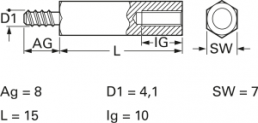 Sechskant-Abstandsbolzen, Außen-/Innengewinde, M4, 15 mm, Stahl