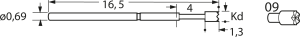 Standard-Prüfstift mit Tastkopf, Innensechskant, Ø 0.69 mm, Hub 2.54 mm, RM 1.27 mm, L 16.5 mm, F11109S090N085