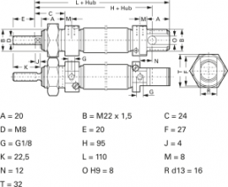 Miniatur-Zylinder, doppeltwirkend, 0,5 bis 10 bar, Kd. 20 mm, Hub 80 mm, 27.24.080