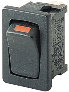 Wippschalter, schwarz, 1-polig, Ein-Aus, Ausschalter, 10 A/250 VAC, IP40, unbeleuchtet, bedruckt