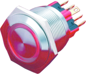 Drucktaster, 1-polig, silber, beleuchtet (rot), 5 A/250 V, Einbau-Ø 25 mm, IP65, PAV25SMS2C6N