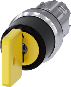 Schlüsselschalter O.M.R, unbeleuchtet, tastend/rastend, Bund rund, gelb, 2 x 45°, Abzugsstellung 2, Einbau-Ø 22.3 mm, 3SU1050-4JP31-0AA0