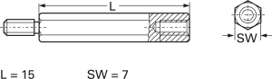 Sechskant-Abstandsbolzen, Außen-/Innengewinde, M4/M4, 15 mm, Messing
