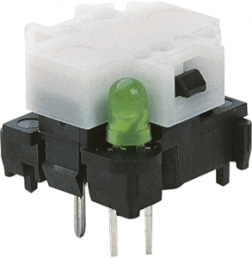 Kurzhubtaster, 1 Schließer, 100 mA/28 V, beleuchtet, grün, Betätiger (weiß, L 4.3 mm), 0,7 N, THT