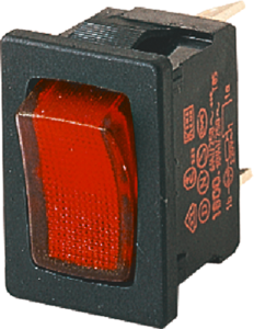 Wippschalter, rot, 1-polig, Ein-Aus, Ausschalter, 10 (4) A/250 VAC, 6 (4) A/250 VAC, IP40, beleuchtet, unbedruckt