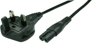 Geräteanschlussleitung, Großbritannien, Stecker Typ G, abgewinkelt auf C7-Kupplung, gerade, H05VVH2-F2x0,75mm², schwarz, 1.8 m