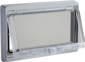 Kunststofffenster mit klappbarem, tranp. Deckel, IP 55, L78xB180mm.