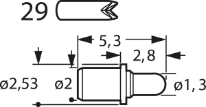 Kurzhub-Prüfstift mit Tastkopf, Vierfach-Krone, Ø 2.53 mm, Hub 1.2 mm, RM 2.7 mm, L 5.3 mm, F70629B130G200
