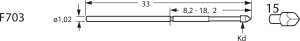 Standard-Prüfstift mit Tastkopf, Dreikant, Ø 1.02 mm, Hub 6.4 mm, RM 1.9 mm, L 33 mm, F07515B120G150